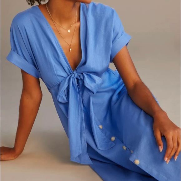 Anthropologie Maeve Gathered Midi Dress Blue Size 16 - Picture 2 of 5
